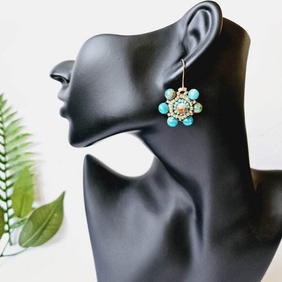 2/$27 | Turquoise Mini Shield Beaded Indigenous Hoop Earrings | Handmade - Picture 3 of 5